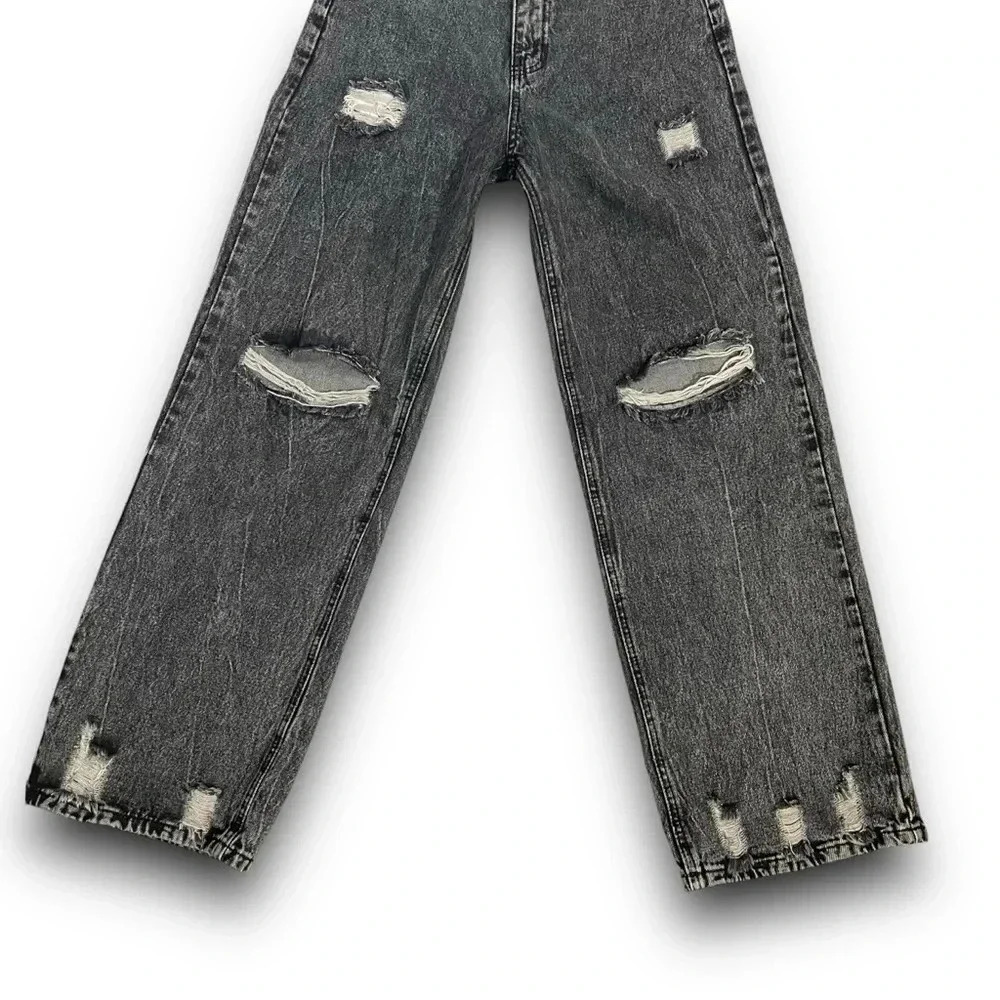Women’s Wide Leg High Waisted Jeana Distressed Dark Grey Acid Wash Jeans Sz Med - Picture 5 of 12